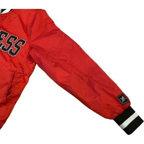 Young & Reckless Red Bomber Jacket Size S Snap-Button Closure Black & White Stri - Picture 8 of 11
